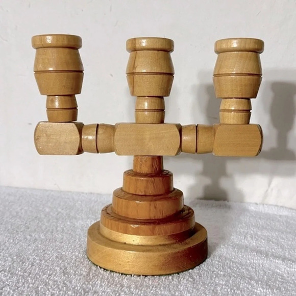 Vintage Wooden Scandinavian 3 Arm Candle Holder Candelabra - Picture 2 of 13